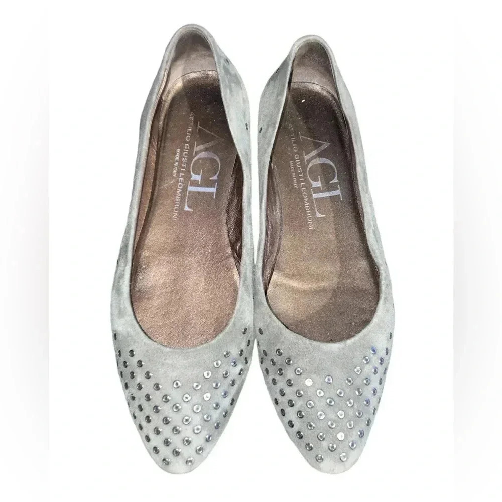 AGL Atillio Giusti Leombruni Grommet Grey Suede Studded Flats